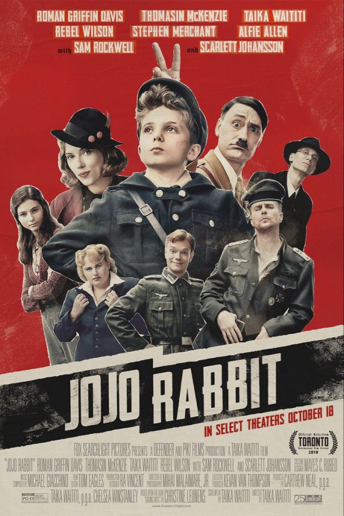 Movie poster for 'Jojo Rabbit' featuring a group of actors in period costumes, with bold text displaying the title and cast names.